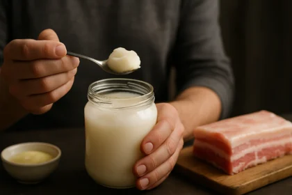 Človek berie lyžicu bravčovej masti z pohára.