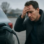 Muž s ťažkosťami pri nabíjaní elektromobilu.