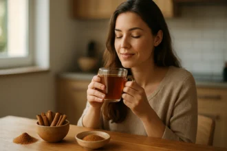 Žena si vychutnáva šálku čaju so škoricou pre zdravie.