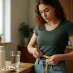 Žena meria pás a sleduje svoj pokrok v chudnutí v kuchyni.