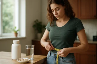 Žena meria pás a sleduje svoj pokrok v chudnutí v kuchyni.