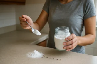 Žena s jedlou sódou na odstraňovanie mravcov doma.