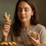 Žena so zázvorom a korením v kuchyni na posilnenie zdravia.