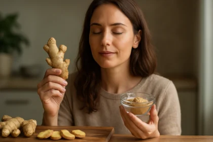 Žena so zázvorom a korením v kuchyni na posilnenie zdravia.