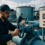 Pracovník vodárne ovláda ventil v zariadení na zásobovanie vodou.