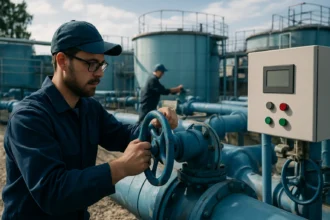 Pracovník vodárne ovláda ventil v zariadení na zásobovanie vodou.