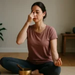 Žena cvičí tibetské rituály pre duševnú a telesnú obnovu.