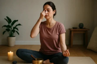 Žena cvičí tibetské rituály pre duševnú a telesnú obnovu.