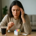 Žena premýšľa nad umelým sladidlom pri pohári nápoja.