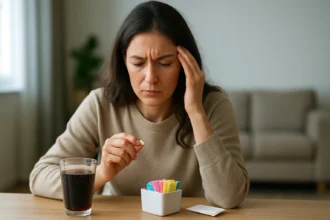 Žena premýšľa nad umelým sladidlom pri pohári nápoja.