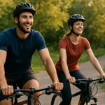 Dve osoby na bicykloch na cyklotrase, šťastné a usmievajúce sa