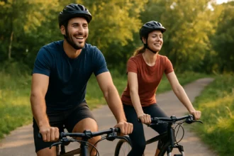 Dve osoby na bicykloch na cyklotrase, šťastné a usmievajúce sa