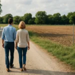 Pár kráča po prístupovej ceste k pozemku so zelenou prírodou