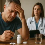 Muž zažíva ťažkosti s liekmi na cholesterol, sedí pri lekárke.