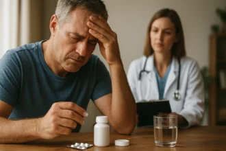 Muž zažíva ťažkosti s liekmi na cholesterol, sedí pri lekárke.