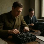 Vojak pracuje s nemeckým šifrovacím strojom Enigma počas druhej svetovej vojny.