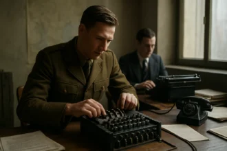 Vojak pracuje s nemeckým šifrovacím strojom Enigma počas druhej svetovej vojny.