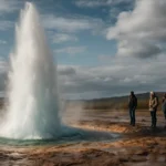 Gejzír vytryskujúci horúcu vodu a paru v prírodnom prostredí