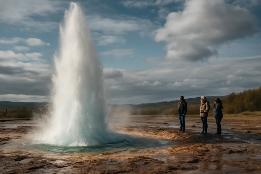 Gejzír vytryskujúci horúcu vodu a paru v prírodnom prostredí