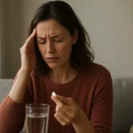 Žena s bolesťou hlavy drží tabletku a pohár vody.