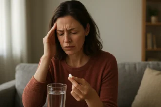 Žena s bolesťou hlavy drží tabletku a pohár vody.