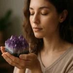 Žena s ametystovým kryštálom, ktorý nabíja energiu a podporuje duševný rozvoj.