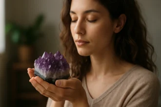 Žena s ametystovým kryštálom, ktorý nabíja energiu a podporuje duševný rozvoj.