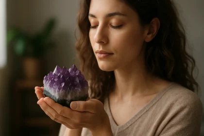 Žena s ametystovým kryštálom, ktorý nabíja energiu a podporuje duševný rozvoj.