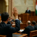 Poslanec zvedá ruku na schôdzi parlamentu v Maďarsku.