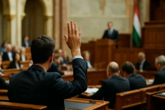 Poslanec zvedá ruku na schôdzi parlamentu v Maďarsku.