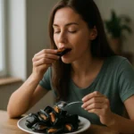 Žena vychutnáva slávky jedlé na tanieri