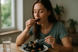 Žena vychutnáva slávky jedlé na tanieri