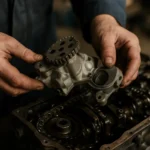 Mechanik drží olejové čerpadlo nad motorizovanou častou.