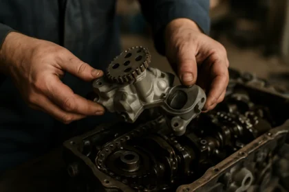 Mechanik drží olejové čerpadlo nad motorizovanou častou.