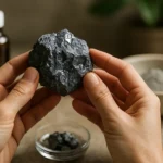 Ručne držaný galénit so starostlivo pripravenými minerálnymi produktmi v pozadí