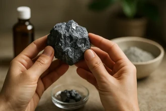 Ručne držaný galénit so starostlivo pripravenými minerálnymi produktmi v pozadí