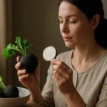 Žena s čiernou reďkovkou a jej plátkom, spoznávajúca jej účinky.