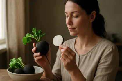 Žena s čiernou reďkovkou a jej plátkom, spoznávajúca jej účinky.