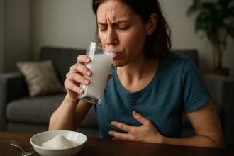 Žena zažíva nepríjemnosti po konzumácii maltodextrínu a mlieka.