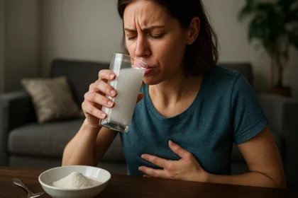 Žena zažíva nepríjemnosti po konzumácii maltodextrínu a mlieka.
