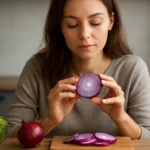 Žena si prezerá červenú cibuľu s liečivými účinkami v kuchyni.