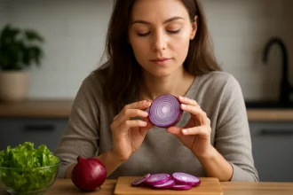 Žena si prezerá červenú cibuľu s liečivými účinkami v kuchyni.