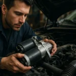 Mechanik kontroluje a inštaluje štartér pri motorovej oprave.