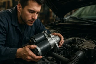 Mechanik kontroluje a inštaluje štartér pri motorovej oprave.