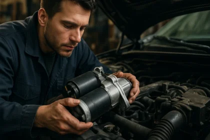 Mechanik kontroluje a inštaluje štartér pri motorovej oprave.