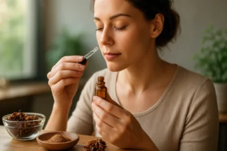 Žena s anízovým olejom, ktorý podporuje zdravie a pohodu.