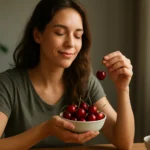 Žena si vychutnáva čerešne pre zdravie a pohodu