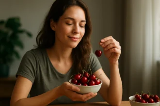 Žena si vychutnáva čerešne pre zdravie a pohodu