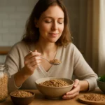 Žena vychutnáva misku pohánky bohatú na vlákninu a živiny.