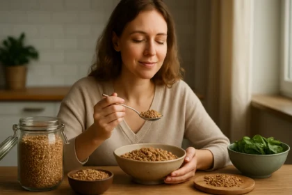 Žena vychutnáva misku pohánky bohatú na vlákninu a živiny.